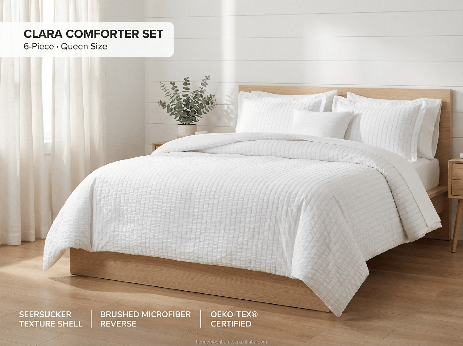 HONI Modern 5pcs Breathable Cooling 110gsm Seersucker Bedding Set 75gsm Solid Microfiber Comforter Set manufacture