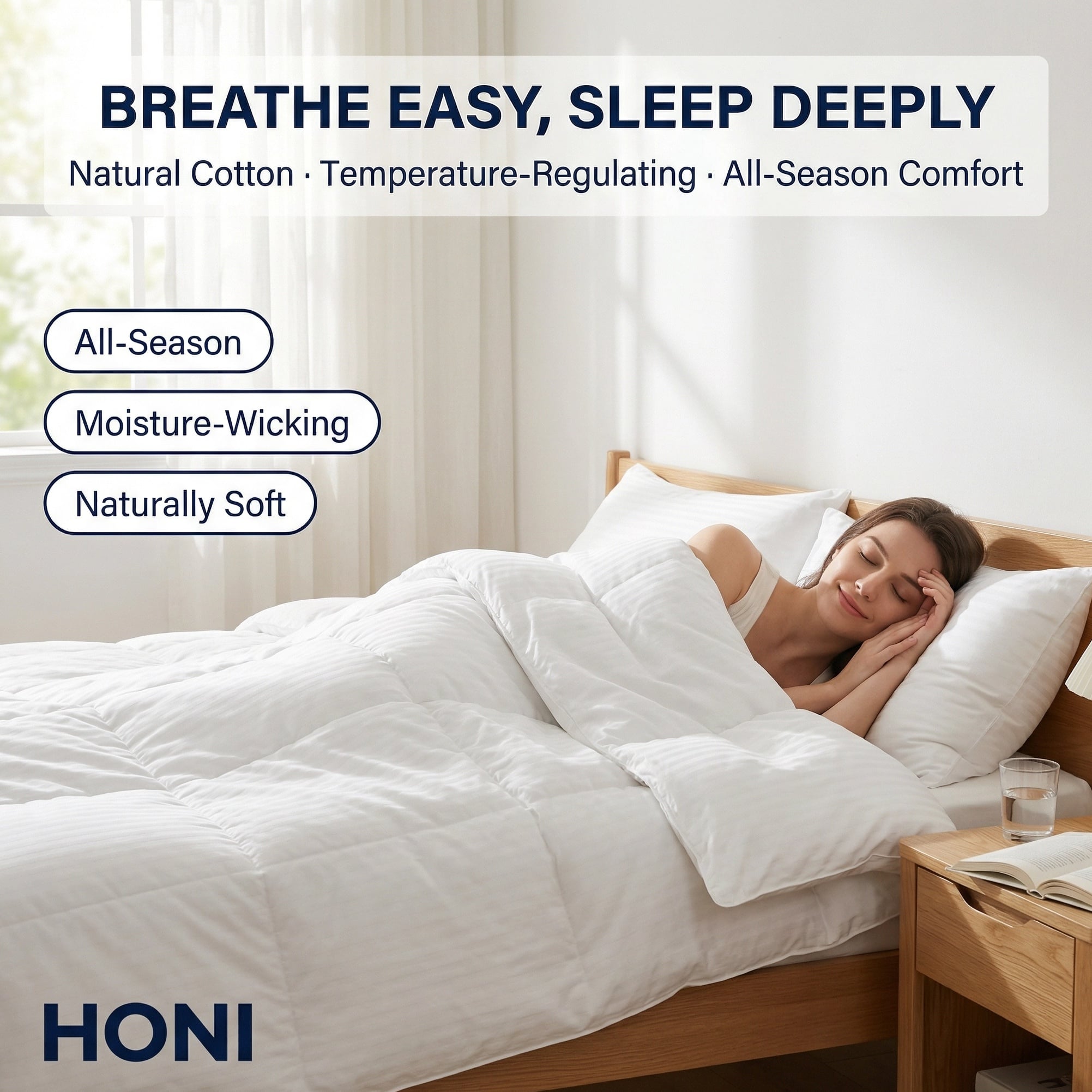 HONI 400 TC 100% Cotton Satin Stripe All-Season Quilt – 1PC | Breathable & Moisture-Wicking Comforter for Deep Sleep