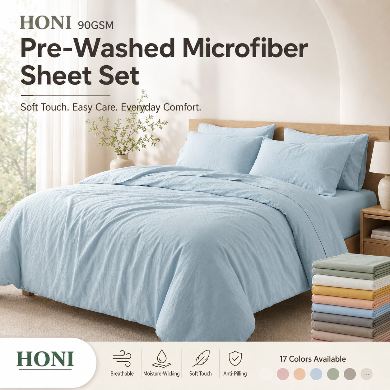 HONI 90GSM Washed Brushed Bed Sheet Set – Breathable, Moisture-Wicking & Temperature-Regulating