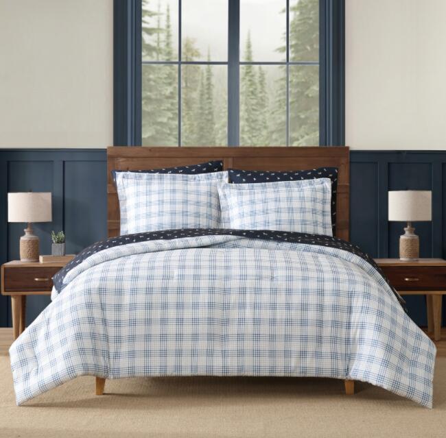honi-bedding-classic-blue-plaid-comforter-cabin-bedroom-forest-view-2.jpg