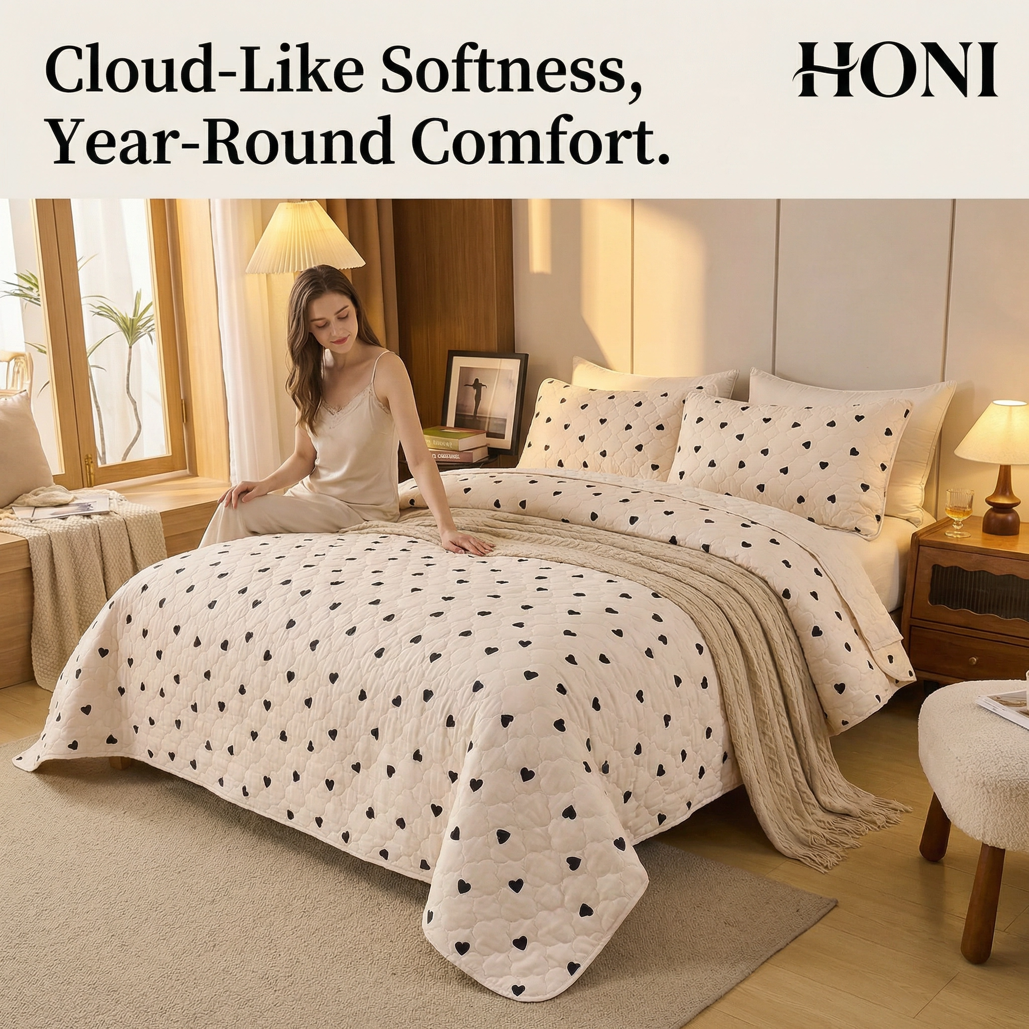 HONI 80gsm Printed Quilted Blanket – Cream White with Black Hearts