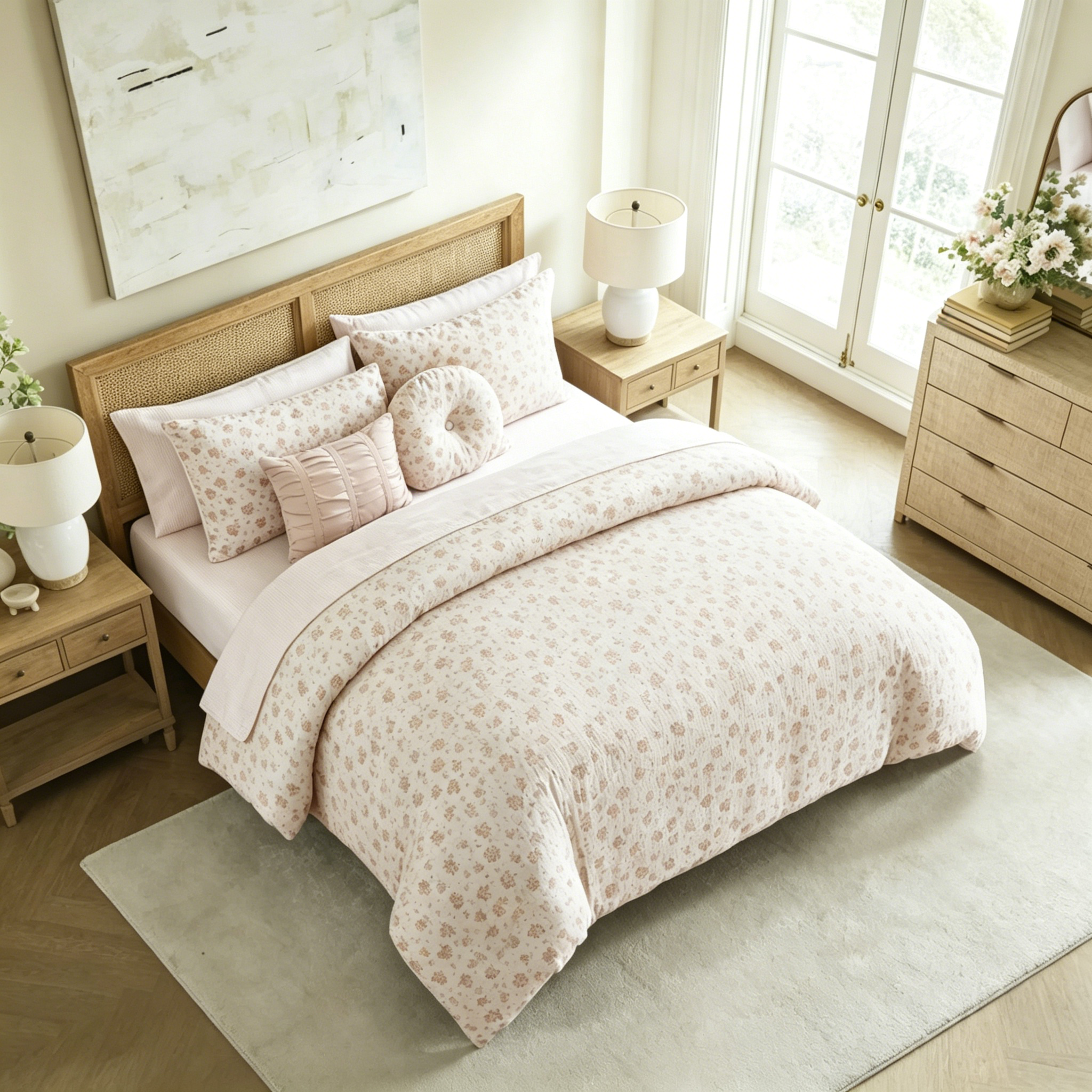 HONI 140g Polyester Gauze Floral Print Comforter Set – 9-Piece Lightweight Breathable Bedding Set, Soft & Fluffy & Machine Washable