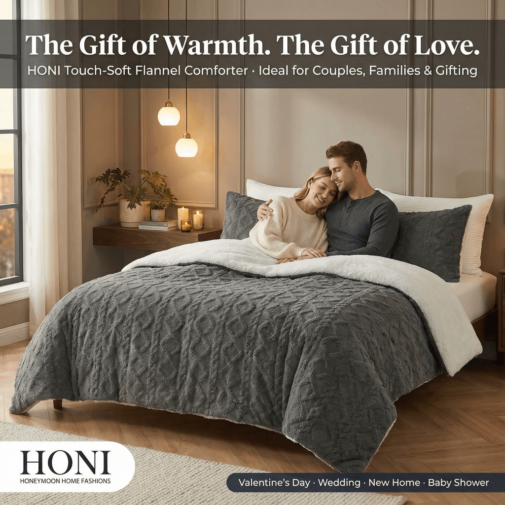 HONI Touch-Soft Flannel Comforter – 300gsm Jacquard Lamb Fleece & 230gsm Solid Lamb Fleece Dual-Sided Blanket