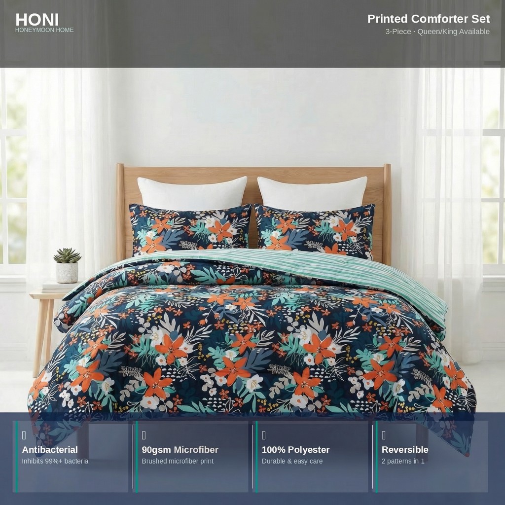 HONI 90 gsm Reversible Peached Microfiber Comforter Set – Antibacterial, Breathable & Fade-Resistant – Tropical Floral / Mint Stripe (3 Pcs)
