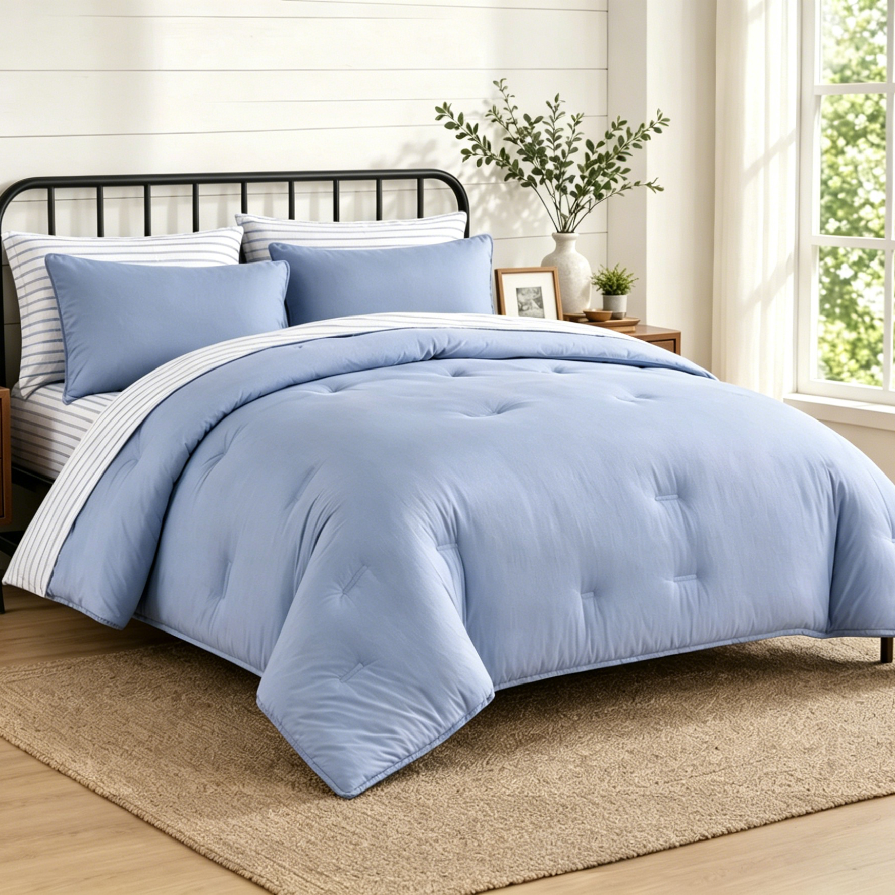 HONI 90 gsm Washed Printed Comforter Set + 85gsm Sheet Set – 7-Piece Full/Queen Size, 100% Polyester, Soft Touch, HONI Home Collection