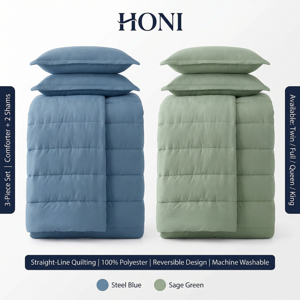 95gsm Solid Microfiber Comforter 3-Piece Set– Straight-Line Quilting, Reversible Modern Design, Lightweight All-Season Comforter with 2 Pillow Shams