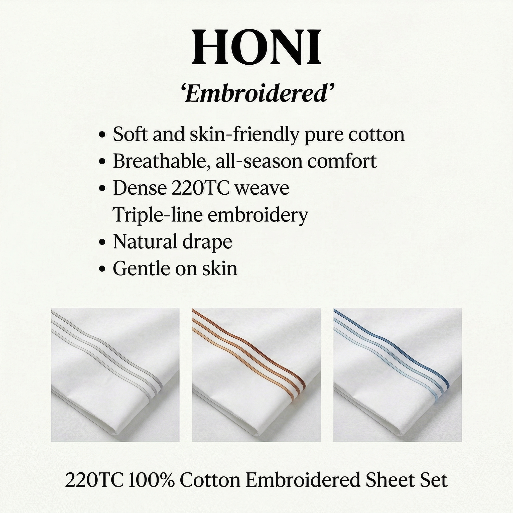 220TC 100% Cotton Sateen Embroidered Sheet Set – Dyed, Breathable & Stay-Put Fit
