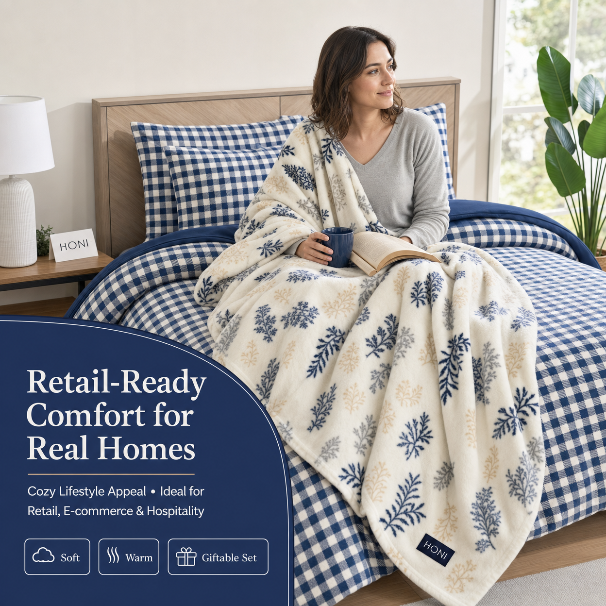 HONI 4-Piece Bedding Set-95gsm Printed & Dyed Quilt + 260gsm Double-Side Semi-Dull Flannel Blanket | Soft, Warm& Giftable for Real Homes