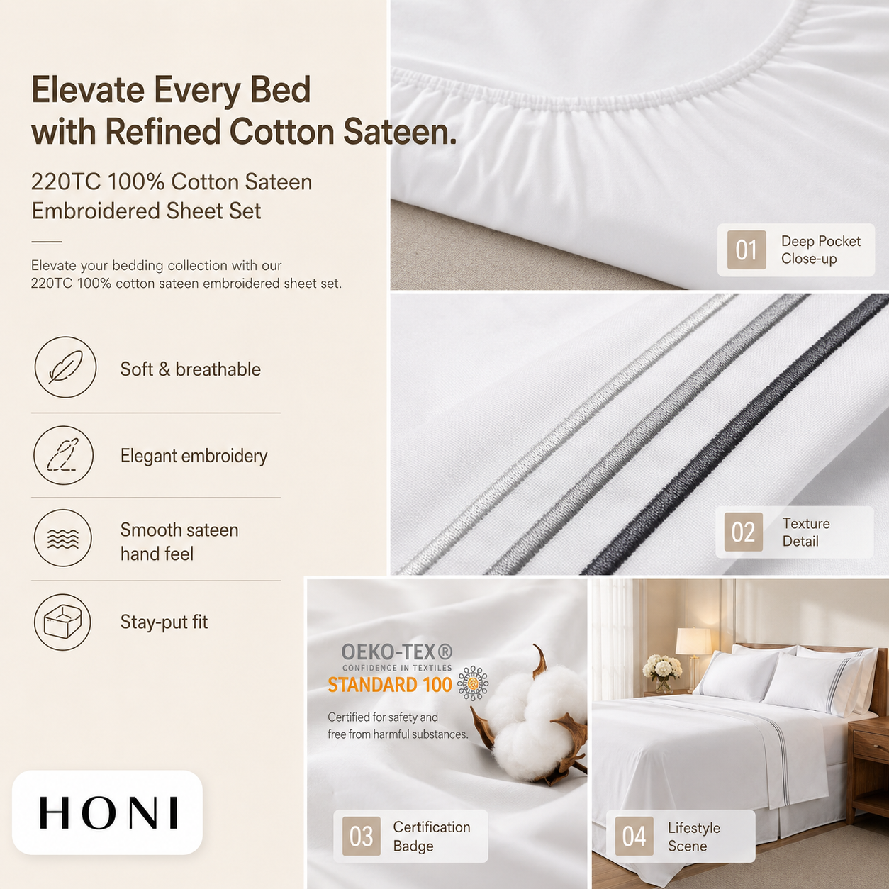 HONI Wholesale Bulk 200TC Cotton Sateen Flat Sheet Set Luxury Hotel Quality Wrinkle Resistant Bedspread OEKO-TEX Certified