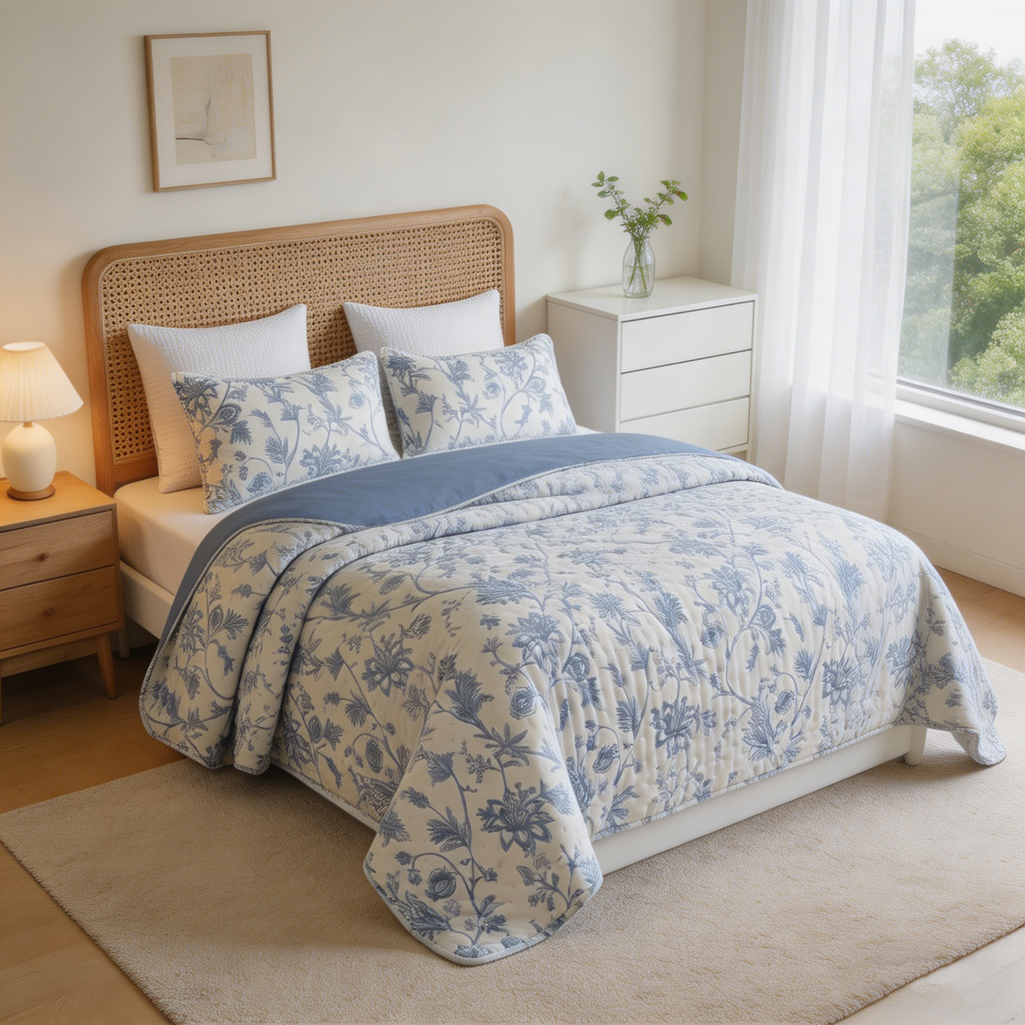 80gsm Lightweight Printed Quilt –Blue Fern Floral &Gray-Blue Reversible Bedspread