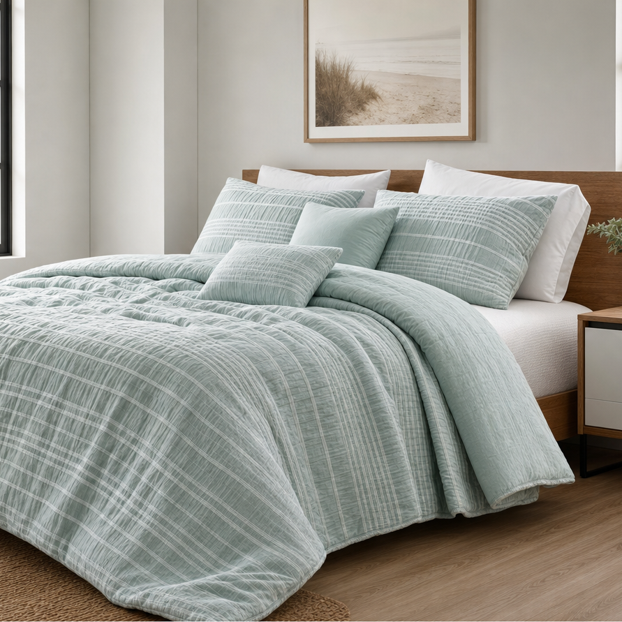 HONI 5-Piece Dual-Sided Comforter Set – Cationic Bubble Gauze with Brushed Back, 3D Raised Texture, Premium Polyester Fill, Multi-Color Options