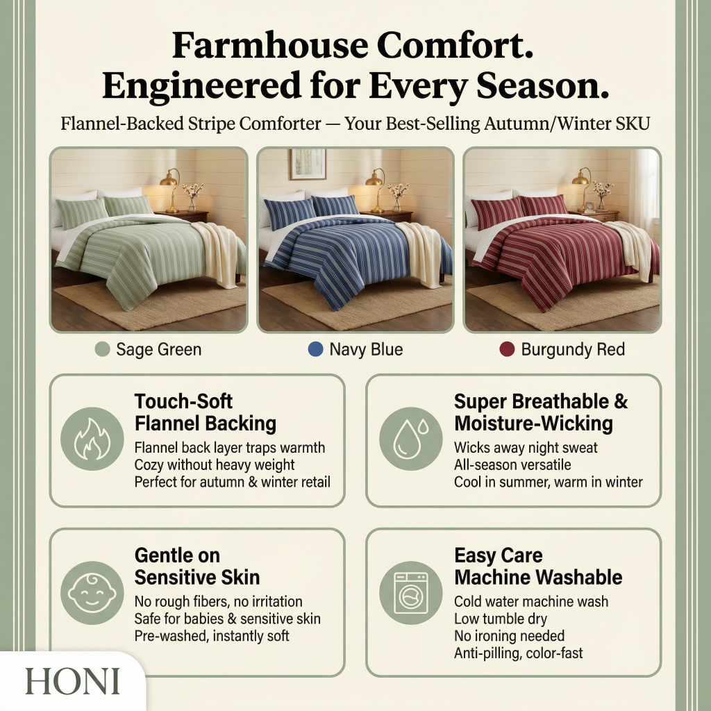 HONI  Farmhouse 5-7 Piece Comforter Set – 90gsm Washed Printed & Dyed Comforter + 85gsm Dispersal Printed Sheets