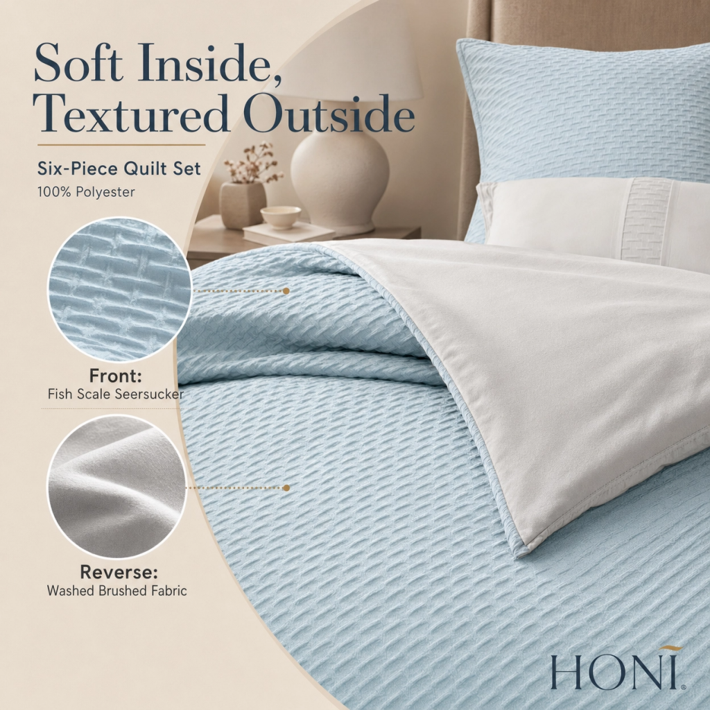 HONI 180gsm Fish Scale Seersucker + 85gsm Washed Brushed Fabric 6-Piece Comforter Set – Dual-Tone Textured Luxury Bedding