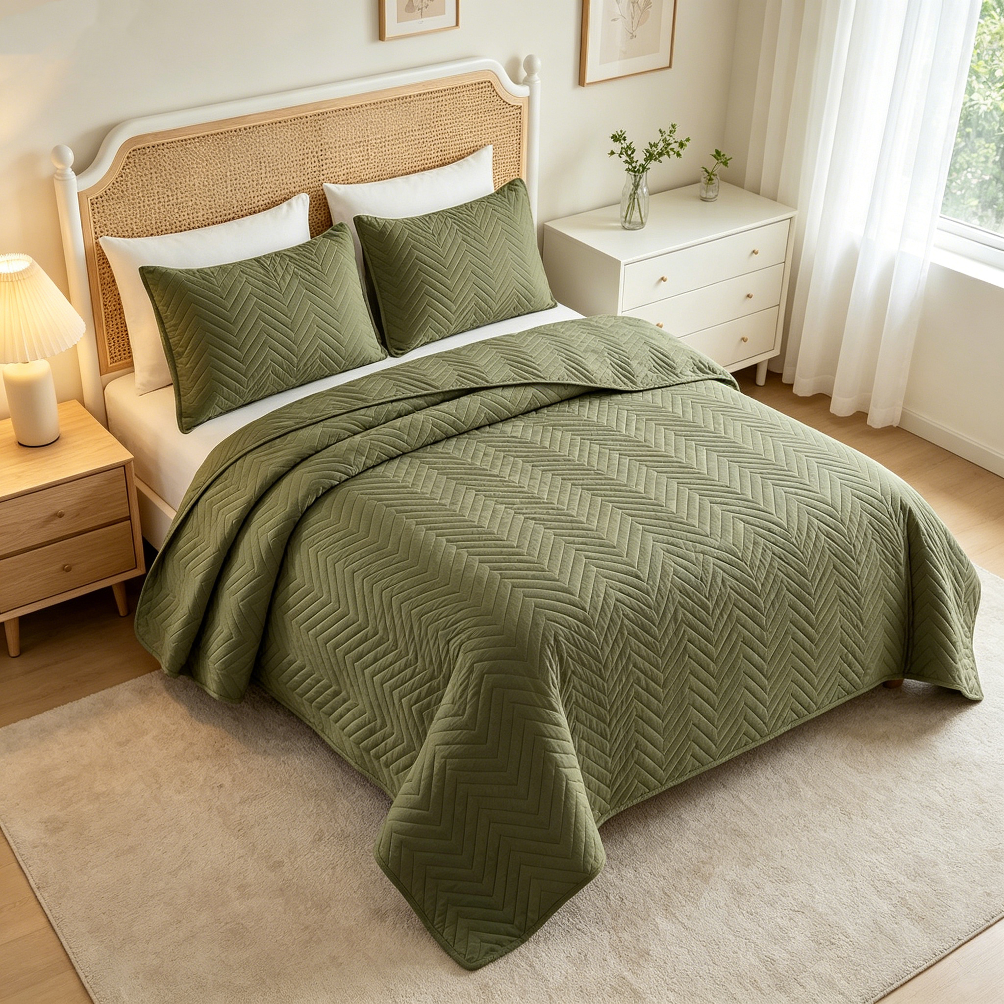80gsm Brushed Fabric Bedspread Set –Olive Green |OEM/ODM 3-Piece Bed Cover Set for Twin/Full/Queen/King