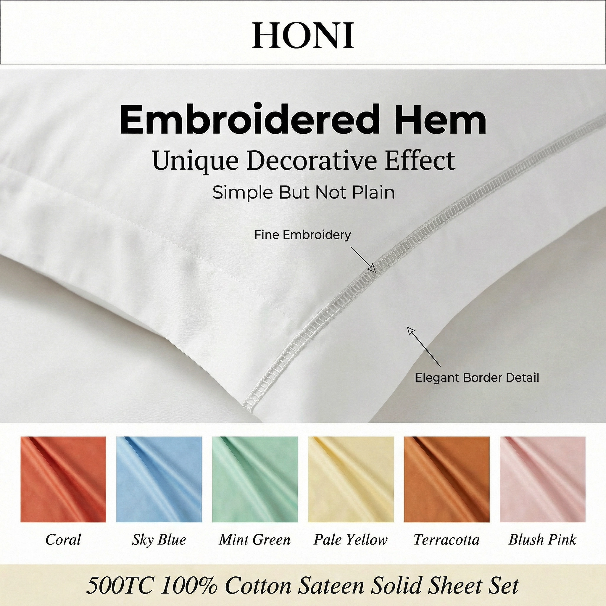 500TC 100% Cotton Sateen Dyed Sheet Set with Embroidered Header