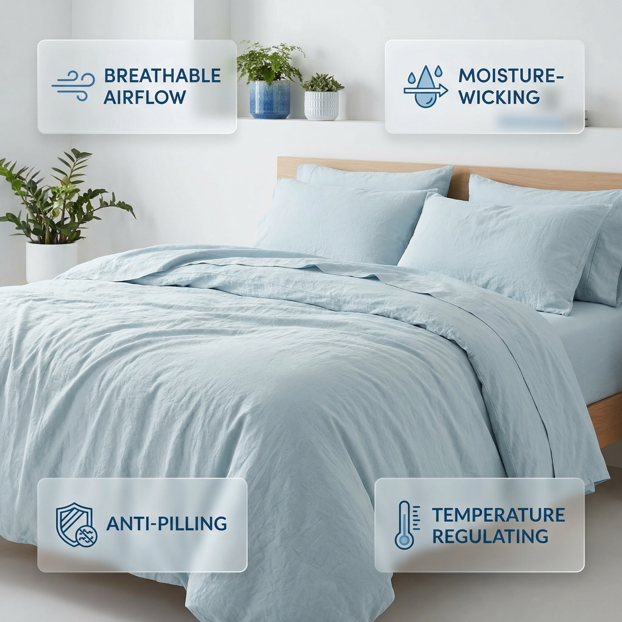 90GSM Washed Brushed Bed Sheet Set–Breathable, Moisture-Wicking&Temperature-Regulating