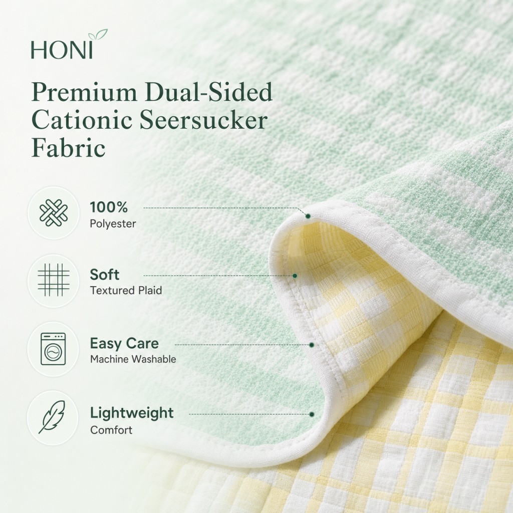 HONI Cationic Plaid Seersucker Comforter – 3-Piece Full/Queen – 135gsm Triple-Spray Cationic Fabric with 95gsm Washed Dyed Reverse