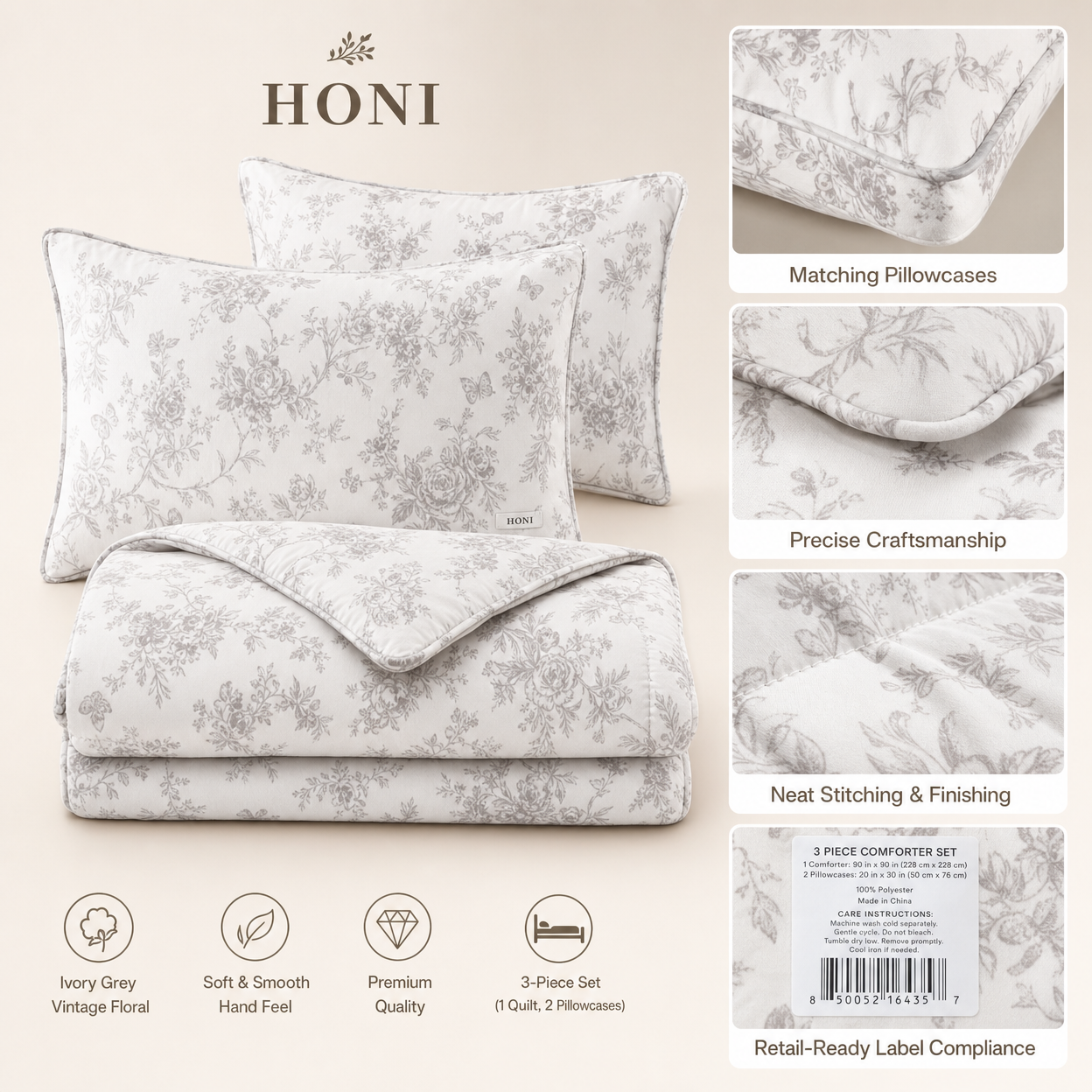 HONI 3-Piece Reversible Quilt Set – 200g Matte Velvet Print / 90gsm Washed Fabric – Soft Velvet Touch, All-Season Comfort (1 Quilt + 2 Pillowcases)