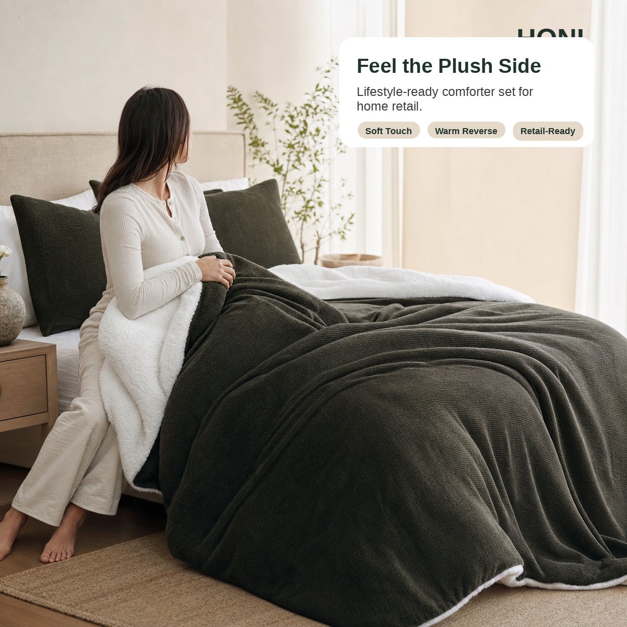 HONI 260gsm Piano Stripe Chenille & 180gsm Sherpa Reversible Comforter Set – Plush Warmth, Two-Sided Style, 3PC Set