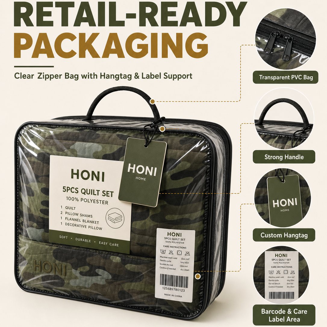 5-Piece Camo Comfort Quilt Set – 95gsm Inkjet & Dyed Quilt + 260gsm Double-Sided Semi-Dull Flannel Blanket + 95gsm Printed Throw Pillows – Retail-Ready Polyester Bedding Set