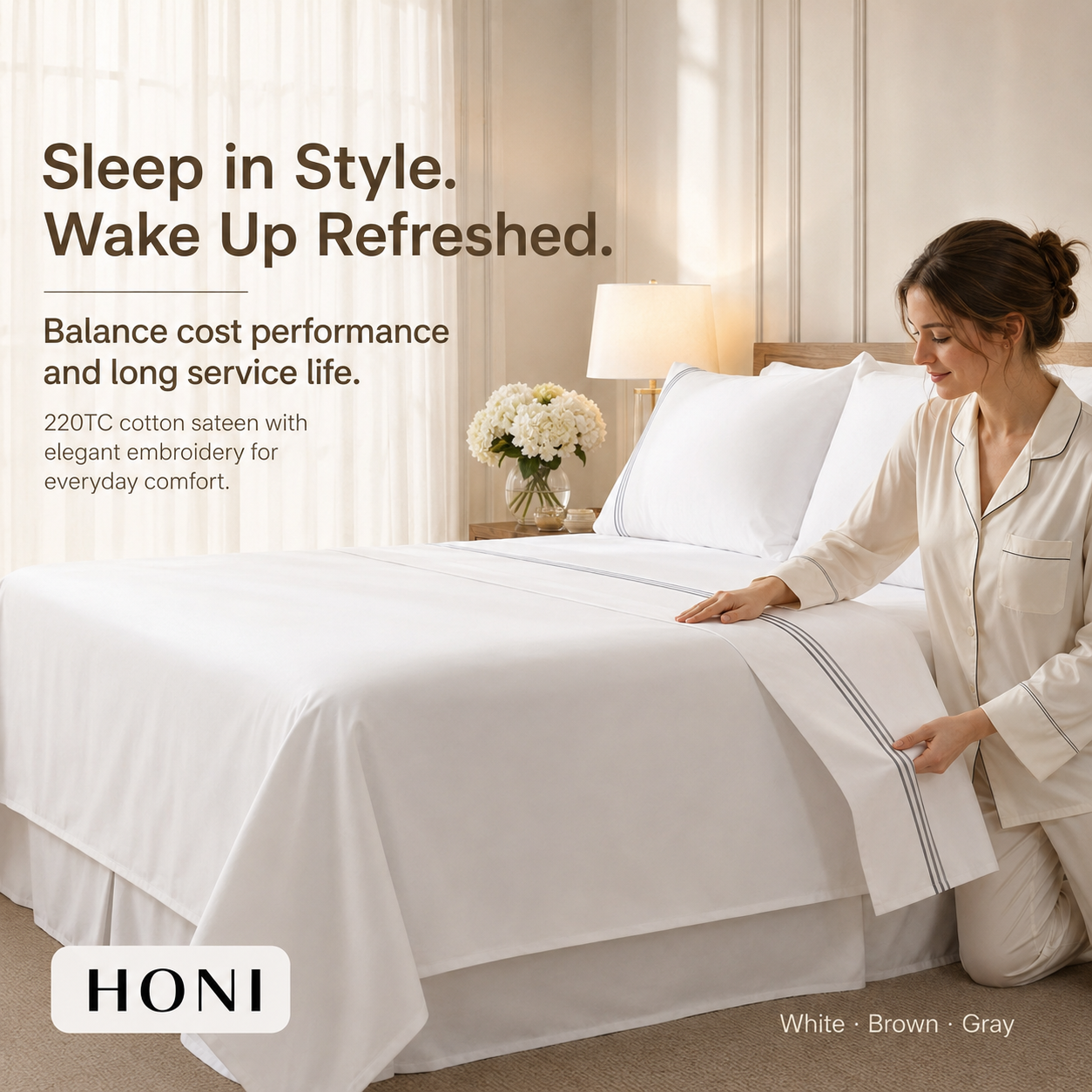 HONI Wholesale Bulk 200TC Cotton Sateen Flat Sheet Set Luxury Hotel Quality Wrinkle Resistant Bedspread OEKO-TEX Certified