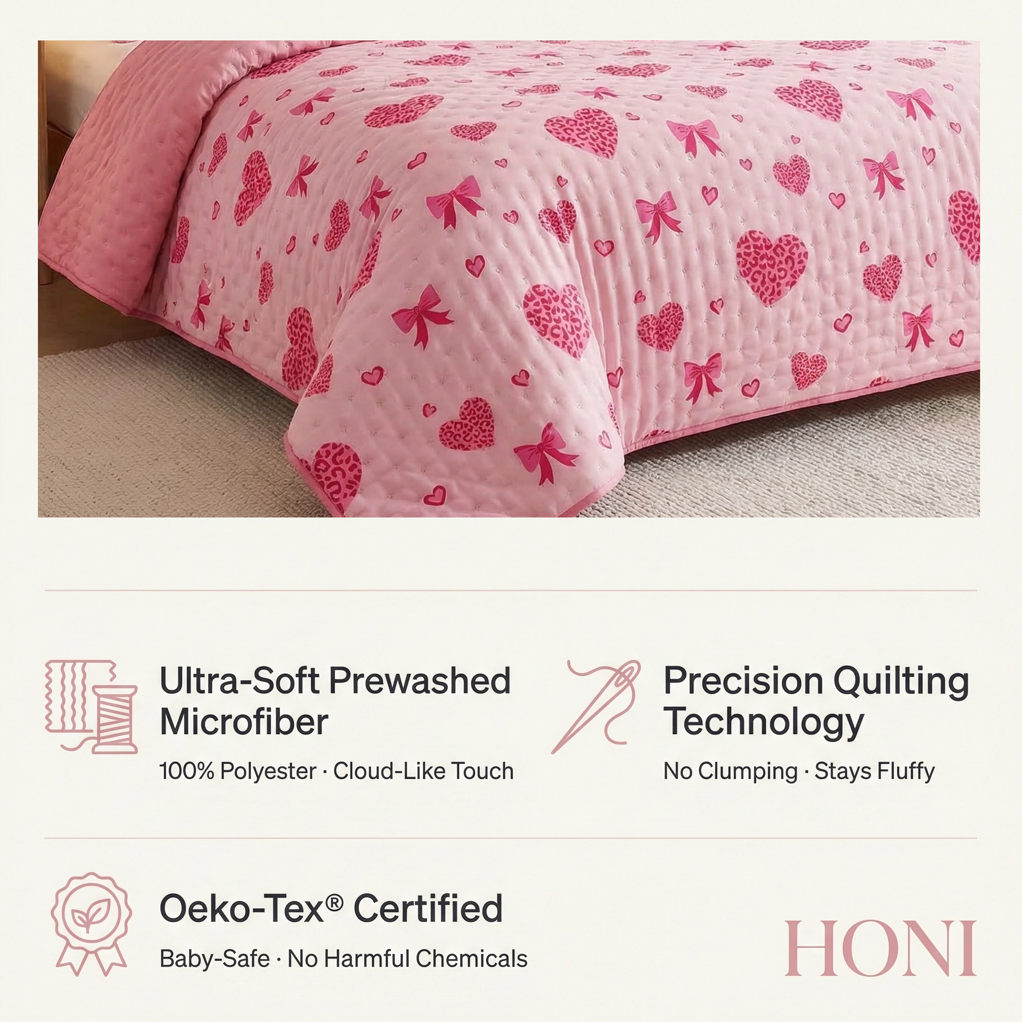 HONI 80gsm Printed Quilt – Bow Tie + Blush Pink