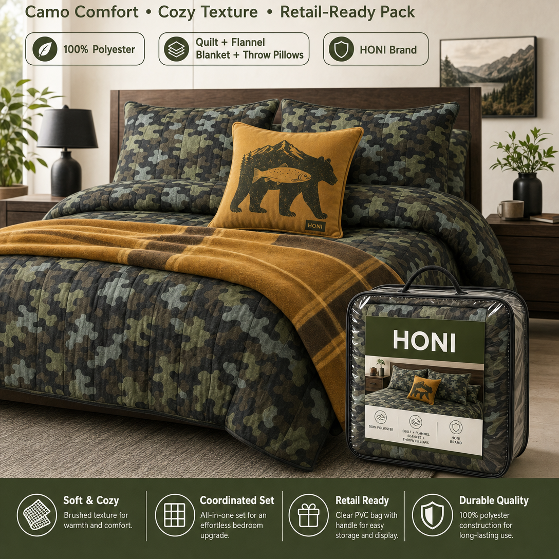 5-Piece Camo Comfort Quilt Set – 95gsm Inkjet & Dyed Quilt + 260gsm Double-Sided Semi-Dull Flannel Blanket + 95gsm Printed Throw Pillows – Retail-Ready Polyester Bedding Set