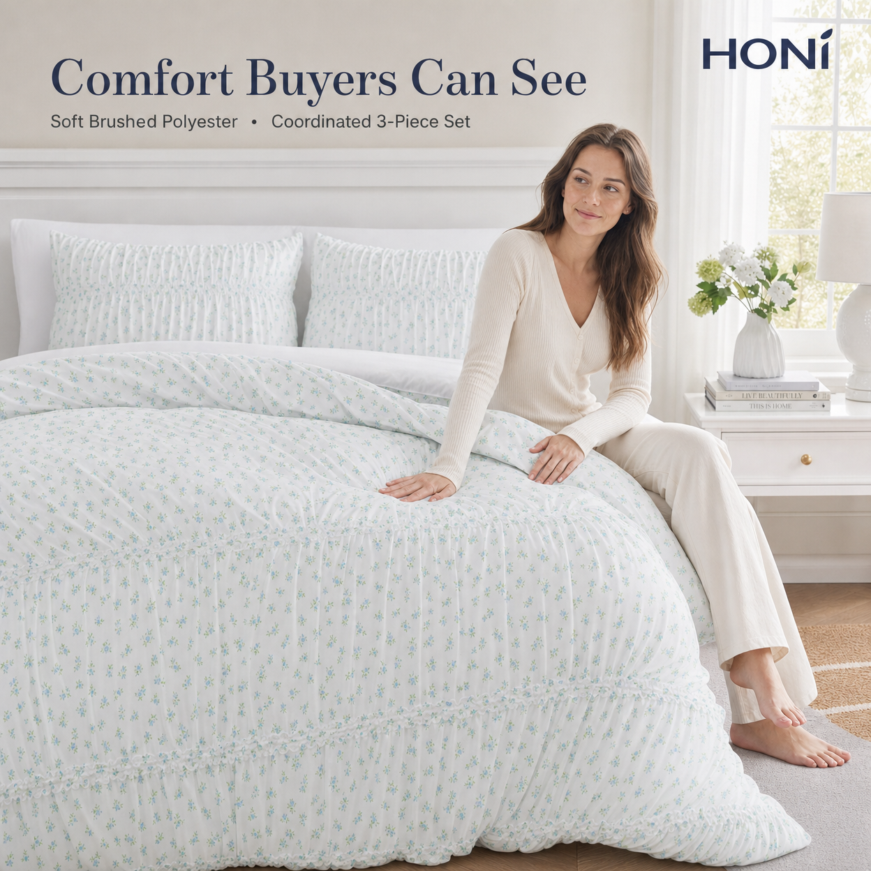 95gsm Printed Floral Comforter Set with Dyed Striped Lace & Elastic Embroidery-3-Piece Set