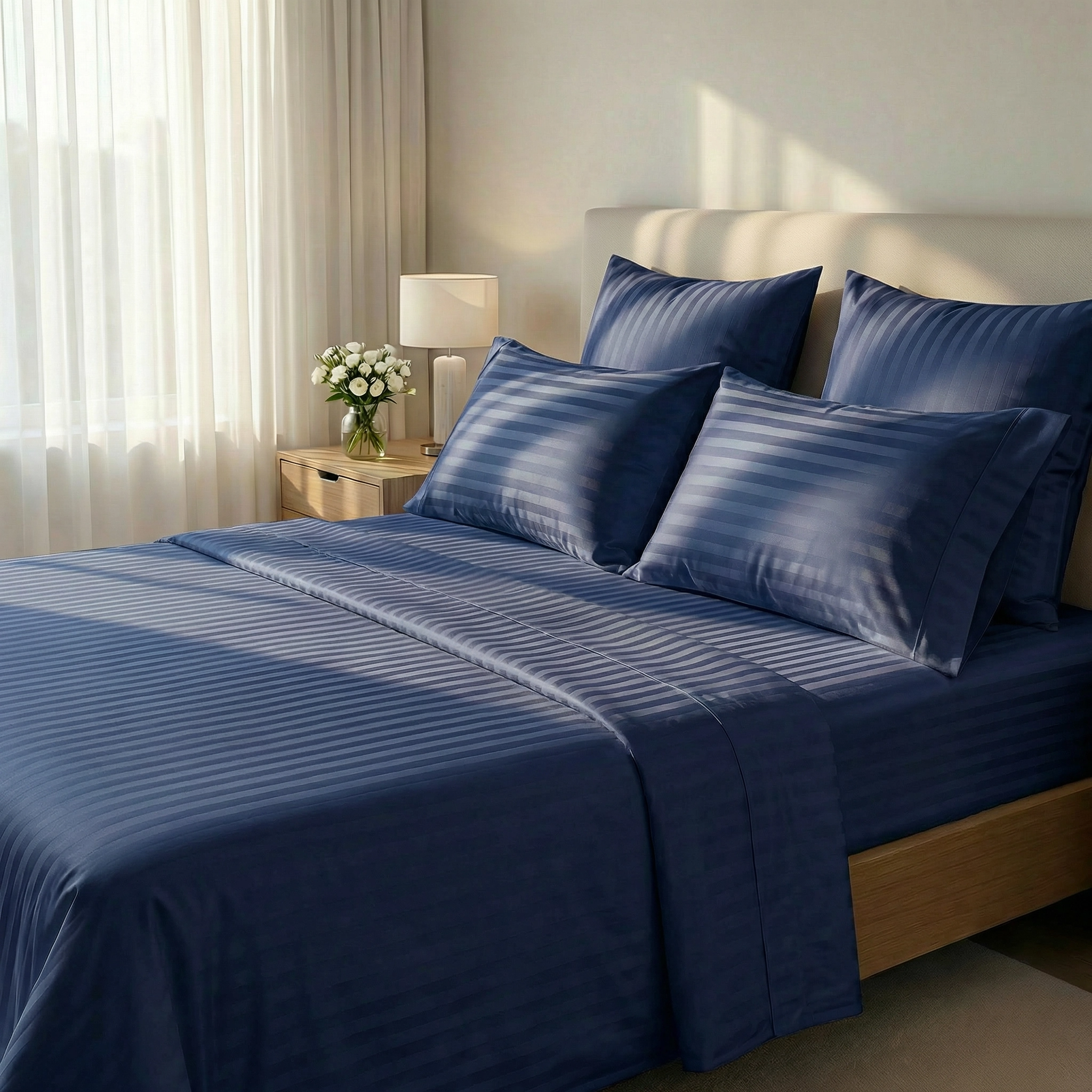 HONI 340TC 100% Cotton Satin Stripe Sheet Set– Deep Pocket 35cm, Hotel Quality, OEKO-TEX® Certified