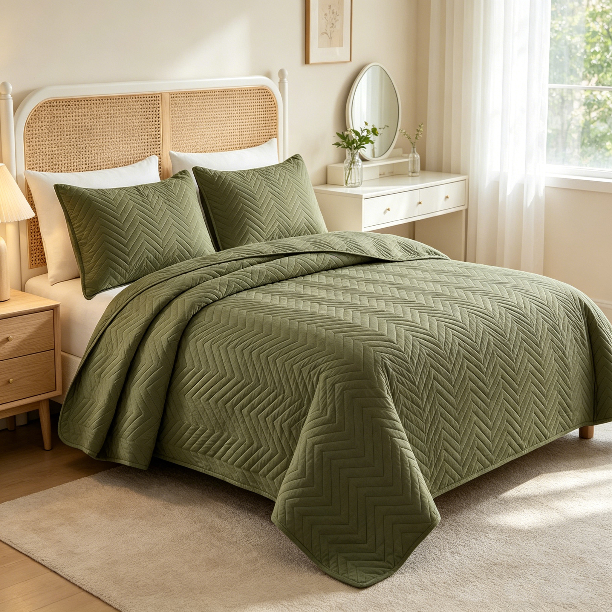 80gsm Brushed Fabric Bedspread Set –Olive Green |OEM/ODM 3-Piece Bed Cover Set for Twin/Full/Queen/King