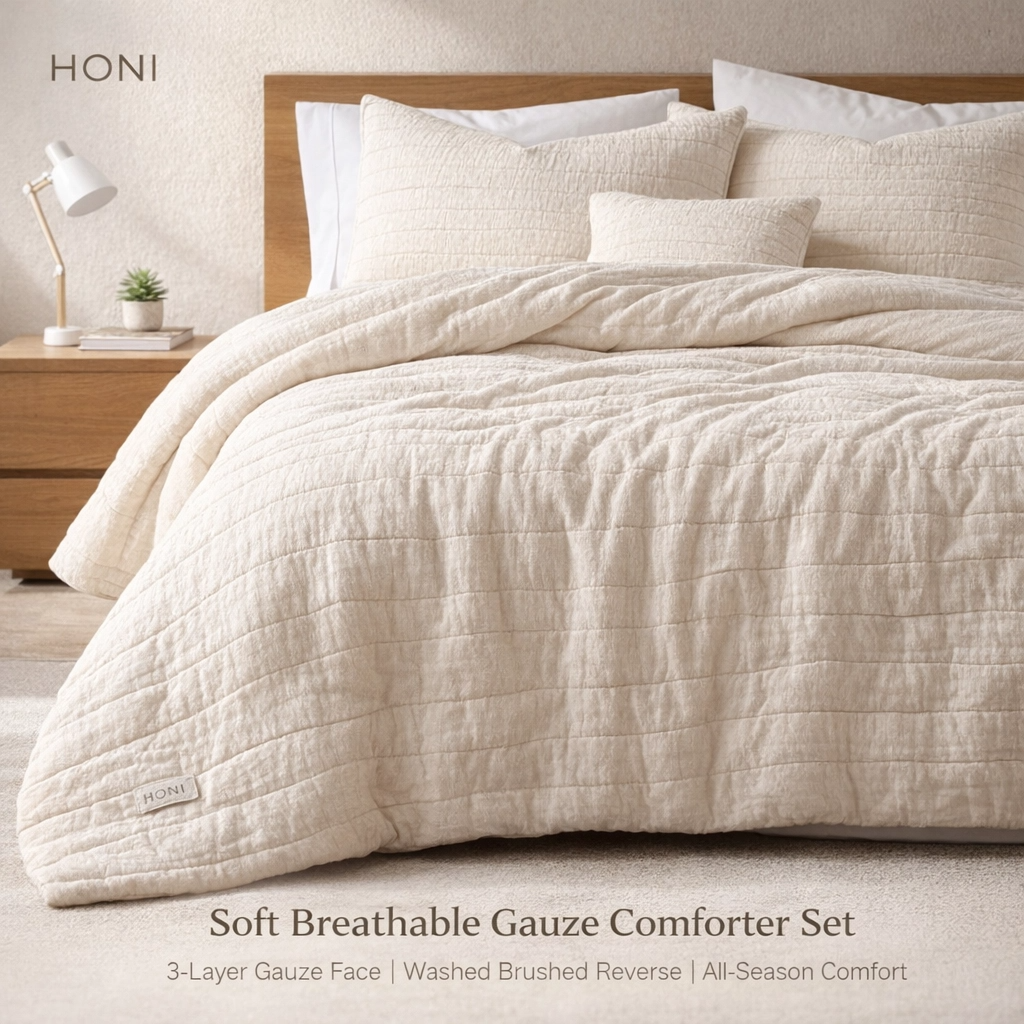 HONI 190gsm Striped Three-Layer Gauze + 85gsm Washed Brushed Fabric Duvet Cover Set – Soft Touch, Breathable & Buyer-Ready Comfort for Home, Hotel & Retail