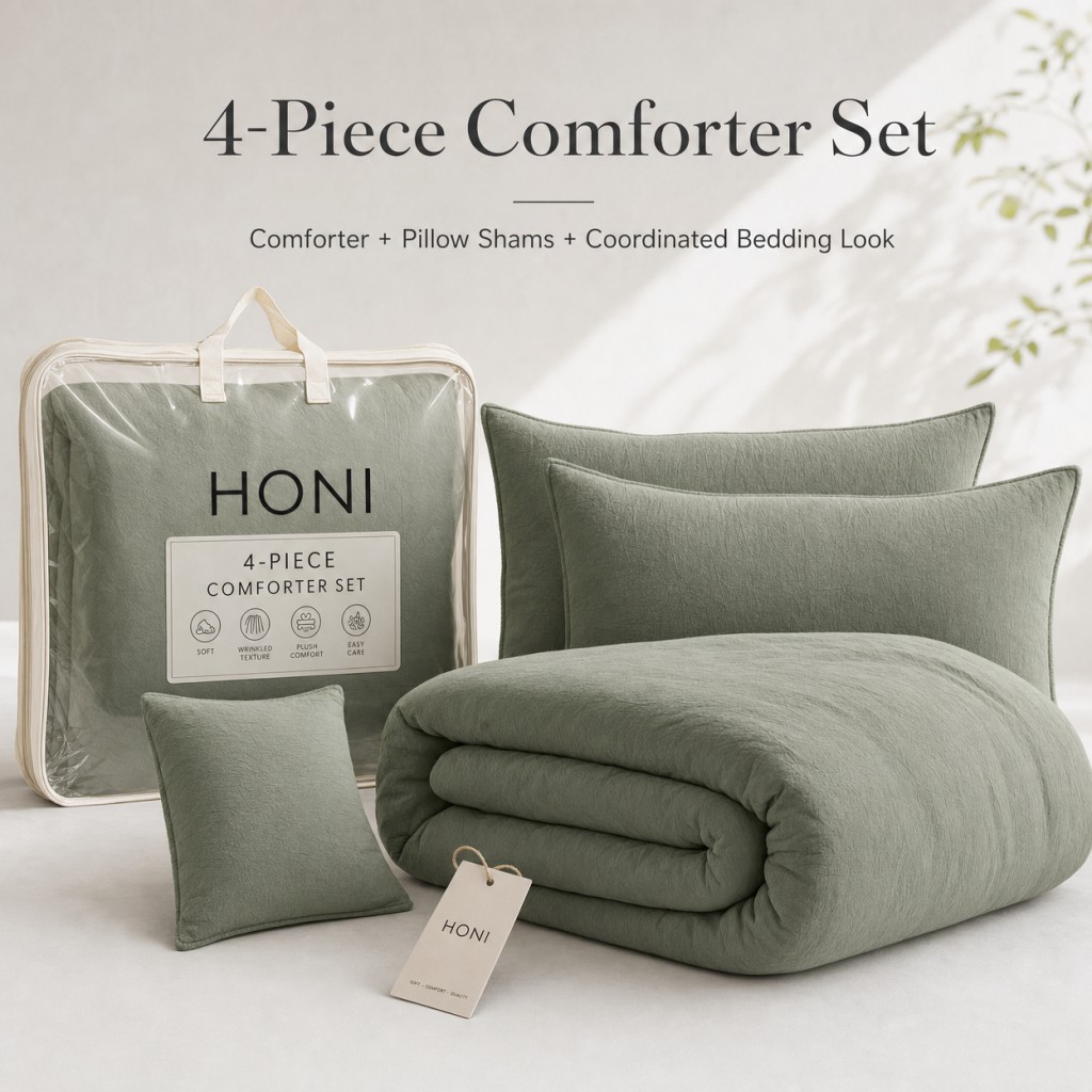 HONI 100gsm Washed Crinkle Duvet Cover Set – 4-Piece Soft & Relaxed Bedding for Everyday Comfort