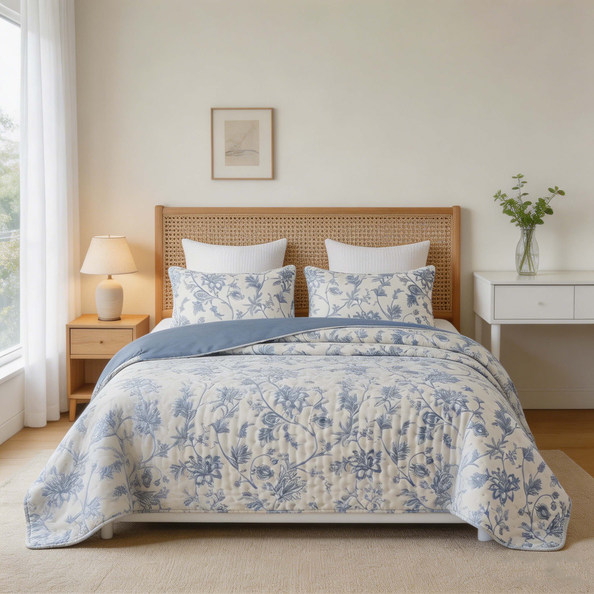 80gsm Lightweight Printed Quilt –Blue Fern Floral &Gray-Blue Reversible Bedspread