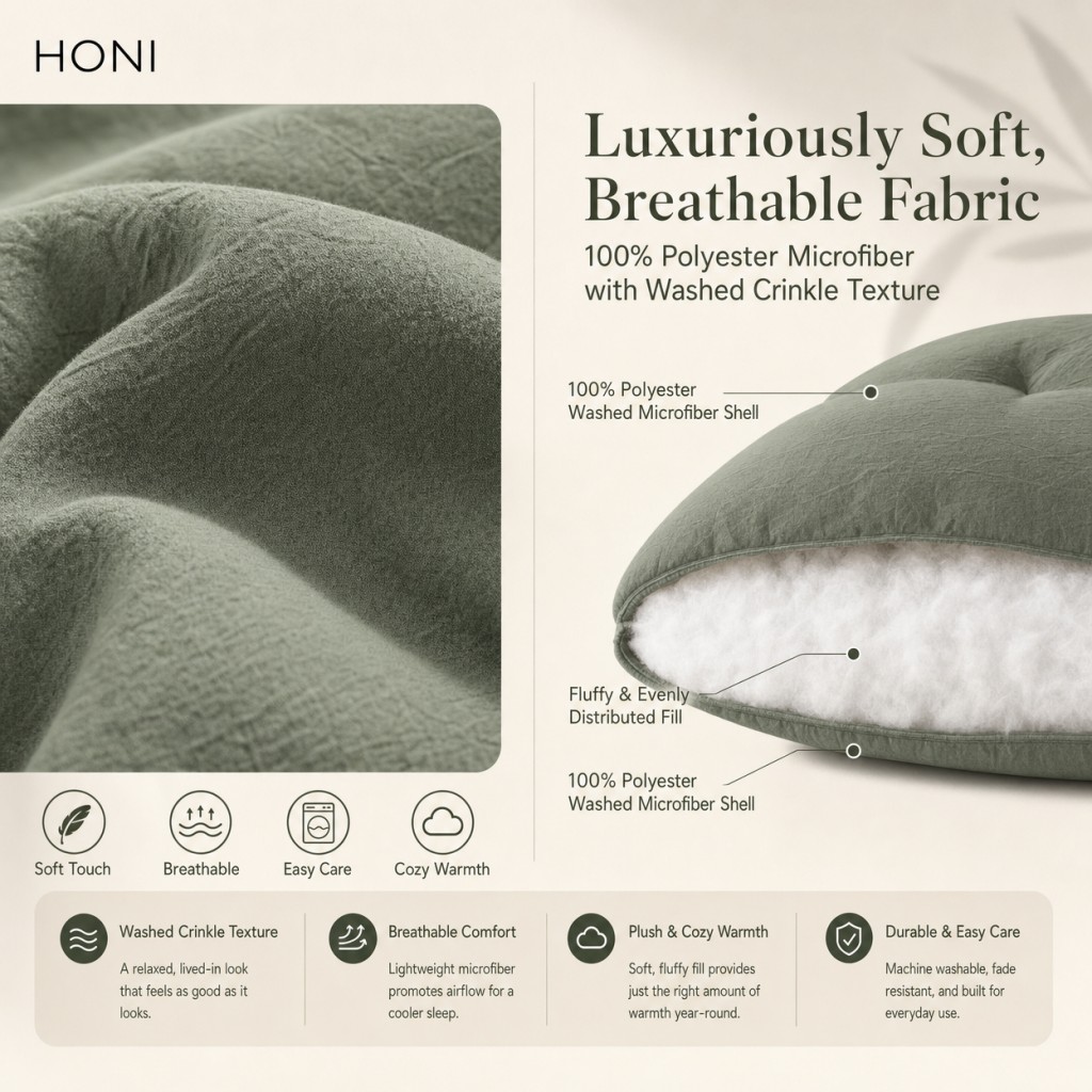 HONI 100gsm Washed Crinkle Duvet Cover Set – 4-Piece Soft & Relaxed Bedding for Everyday Comfort