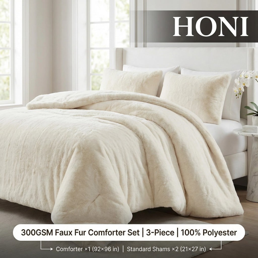 300gsm Plush Faux Rabbit Fur Comforter Set + 90gsm Washed Crepe Fabric – 3-Piece Ultra-Soft Winter Bedding Set (Ivory)