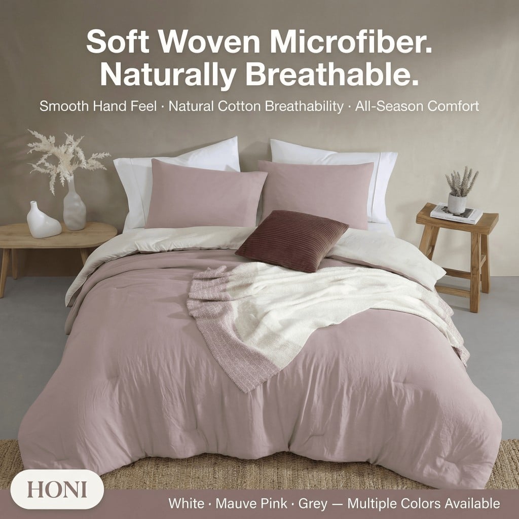 HONI 5-Piece Comforter Set – 100gsm Washed Brushed Microfiber | Naturally Breathable | Soft Woven with Smooth Hand Feel