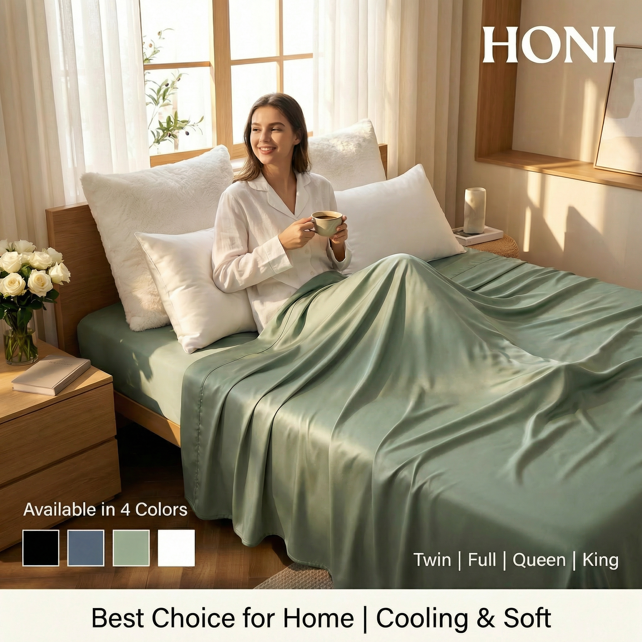 HONI Premium Cooling Sheet Set – Eco-Friendly, Fade Resistant, with Smart Pocket & Deep Elastic Fit