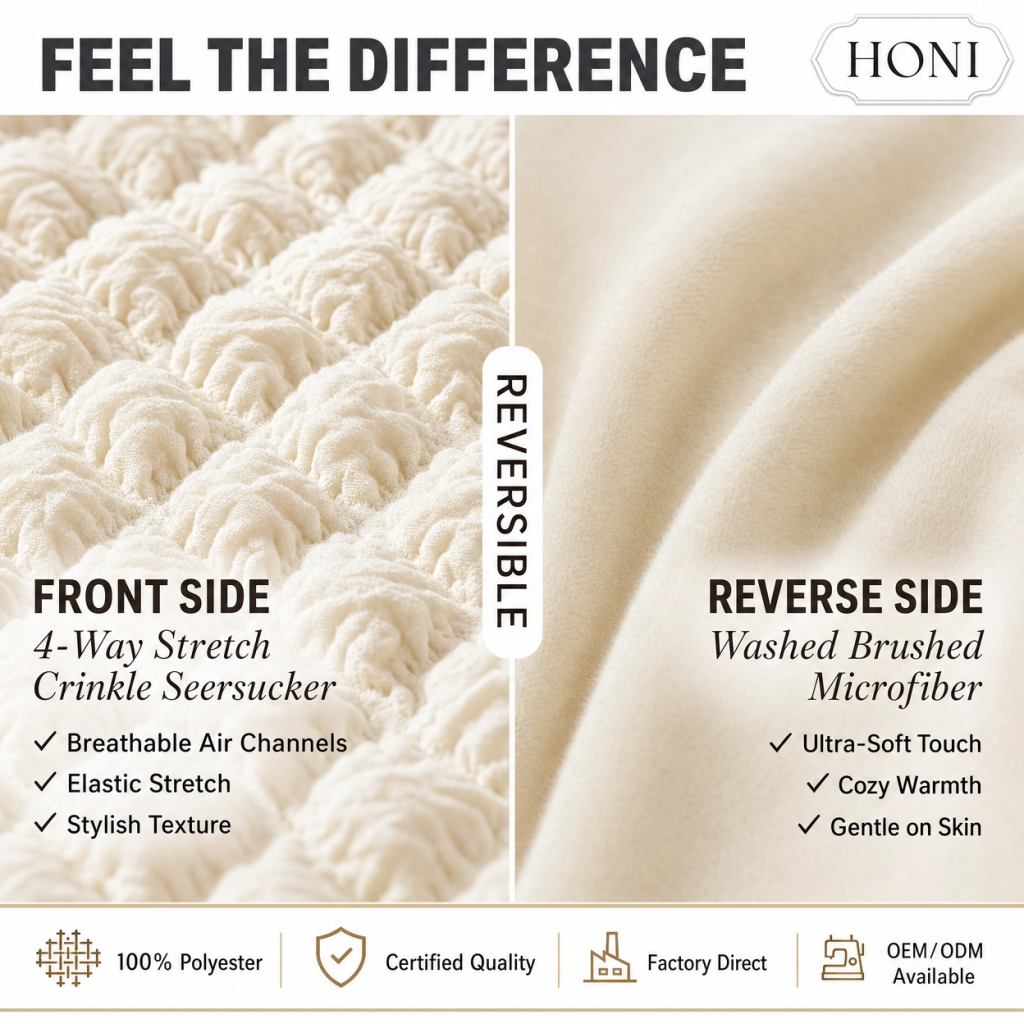 Premium Reversible 4-Piece Comforter Set – 170gsm 4-Way Stretch Crinkle Seersucker + 90gsm Washed Brushed Fabric | All-Season Breathable Bedding for Hotels & Home