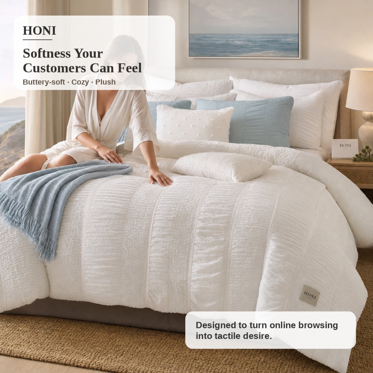 HONI Luxury 5-Piece Seersucker Comforter & Cushion Cover Set Dyed Fine-Stripe Front | Brushed Soft Reverse | 105gsm / 75gsm
