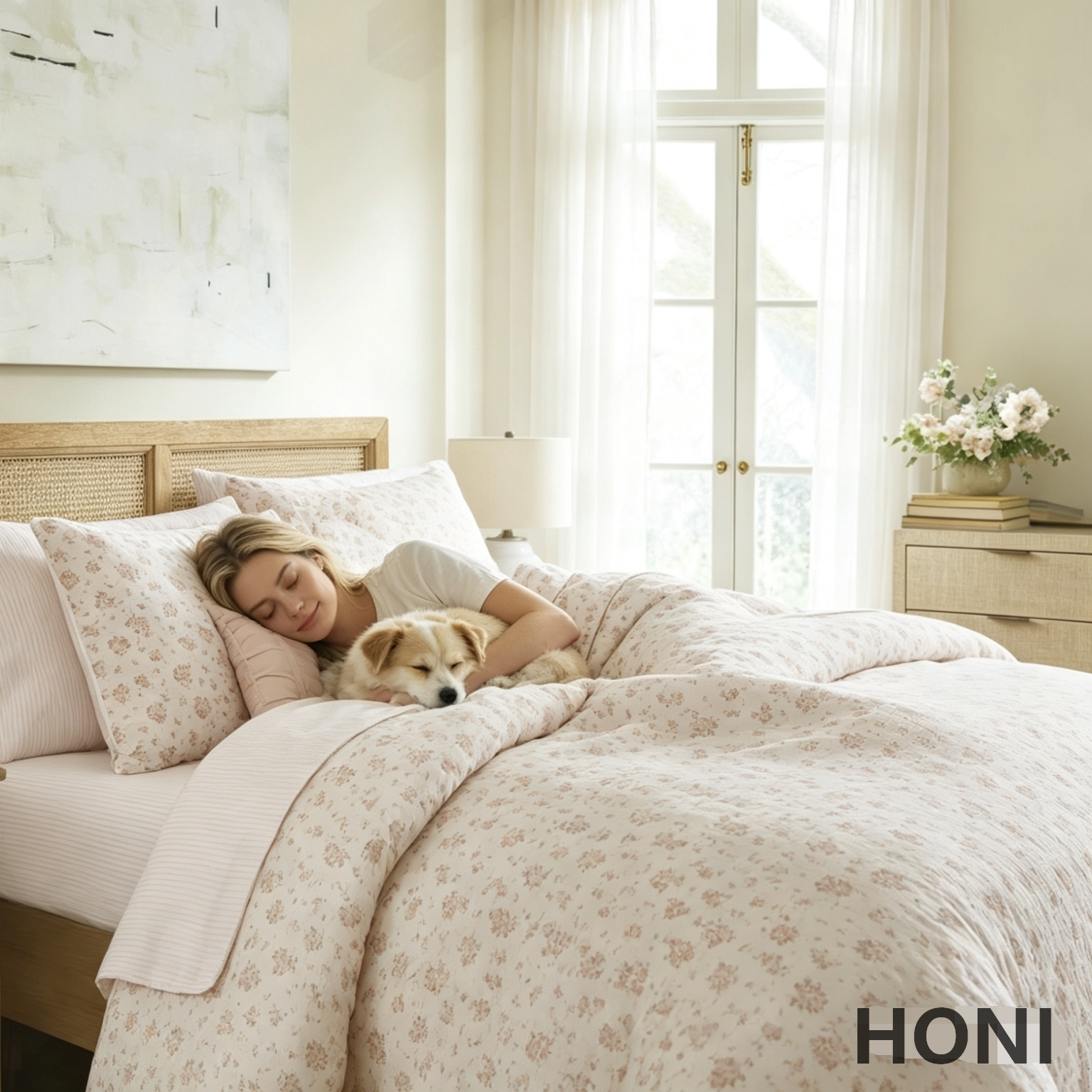 HONI 140g Polyester Gauze Floral Print Comforter Set – 9-Piece Lightweight Breathable Bedding Set, Soft & Fluffy & Machine Washable