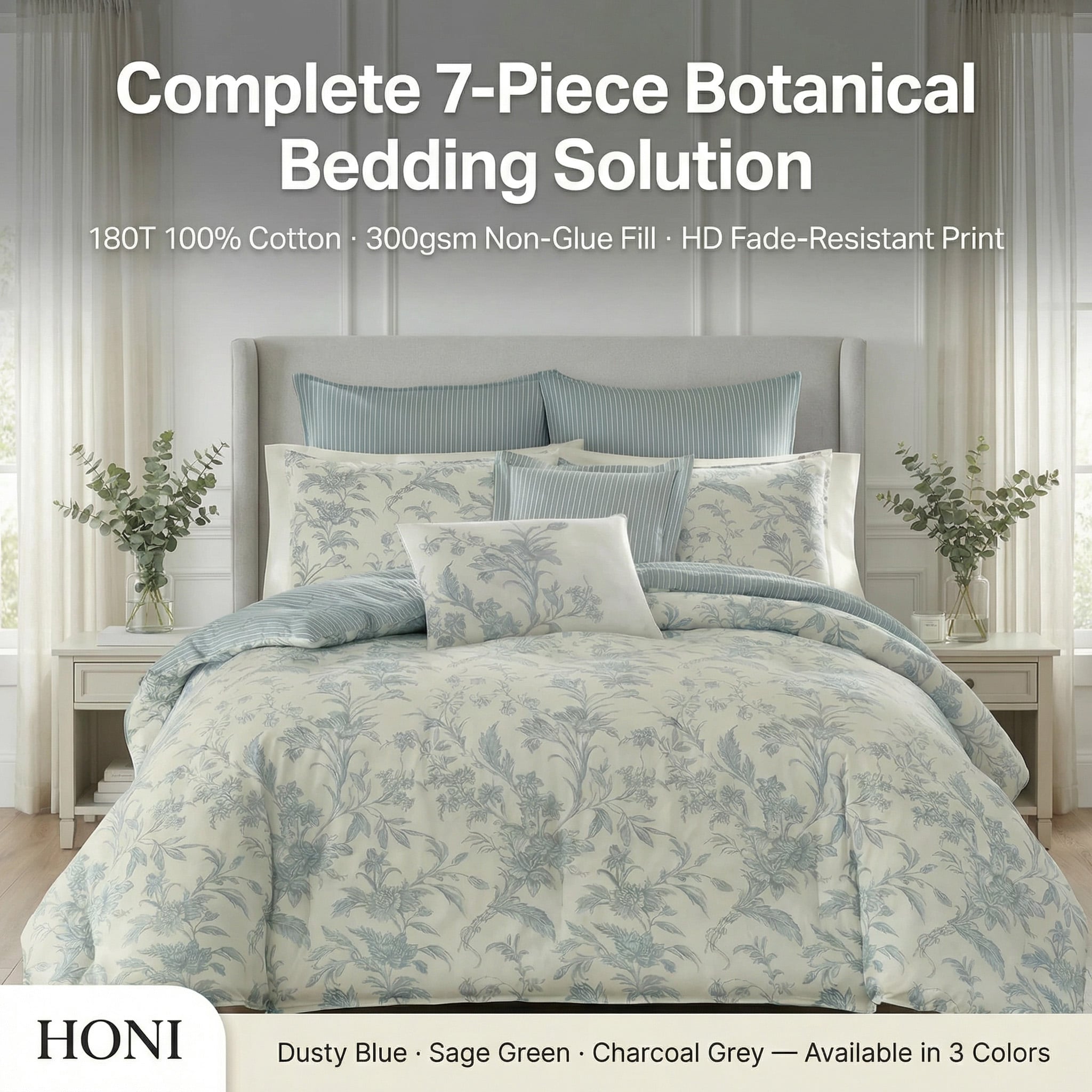 HONI 180T 100% Cotton Botanical 7-Piece Bedding Set – Fade-Resistant Print & 300gsm Non-Glue Fill