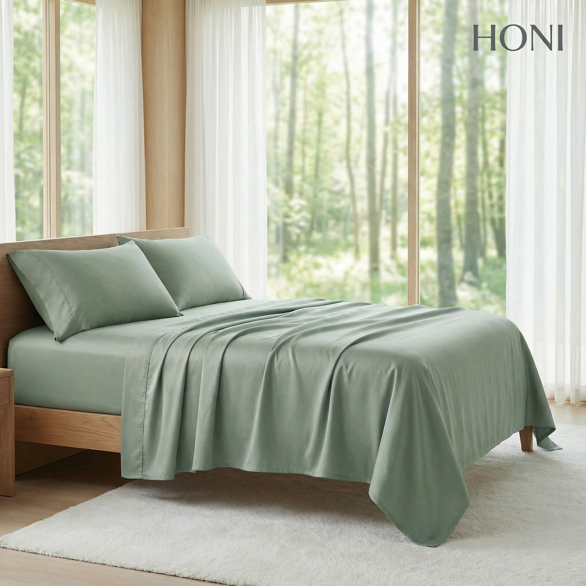 HONI Premium Cooling Sheet Set – Eco-Friendly, Fade Resistant, with Smart Pocket & Deep Elastic Fit