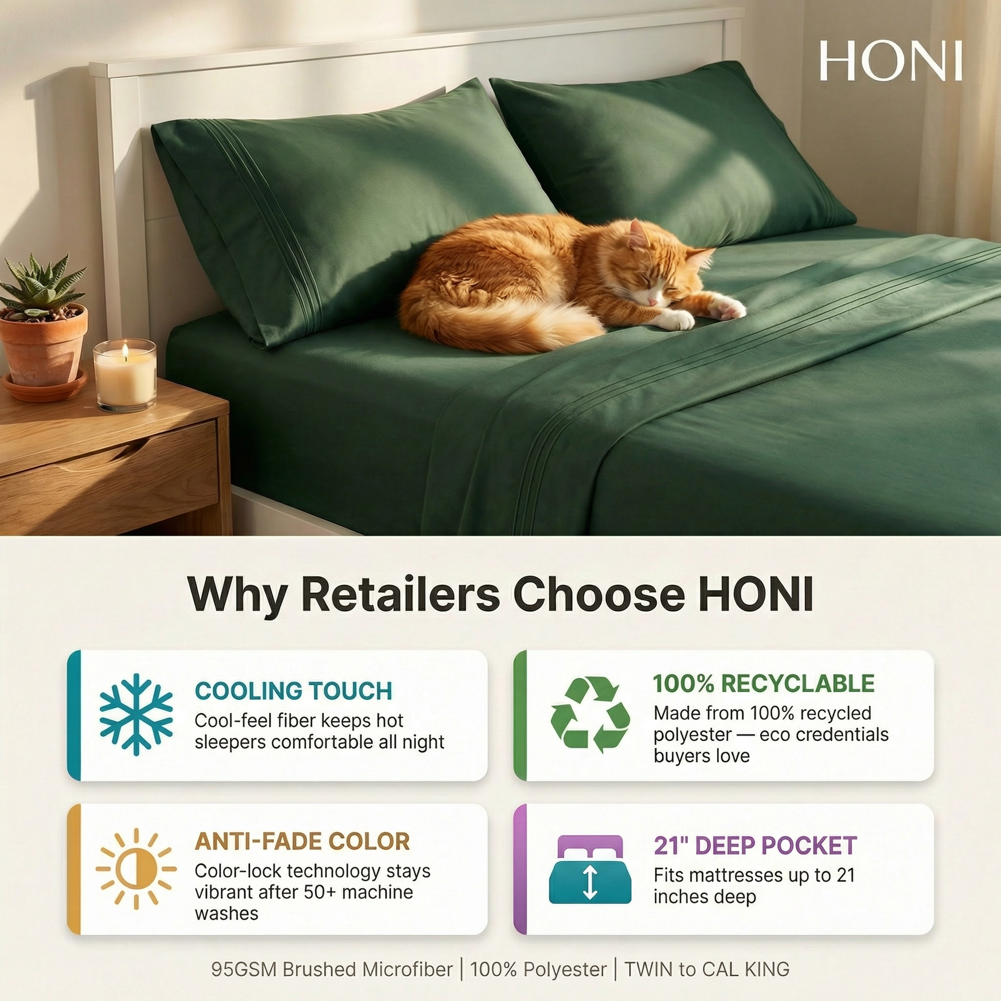 HONI Brushed Microfiber Fitted Sheet Set with Built-in Large Side Pocket – 95GSM Cooling & Anti-Fade Fabric, Compatible with iPad & Smartphones