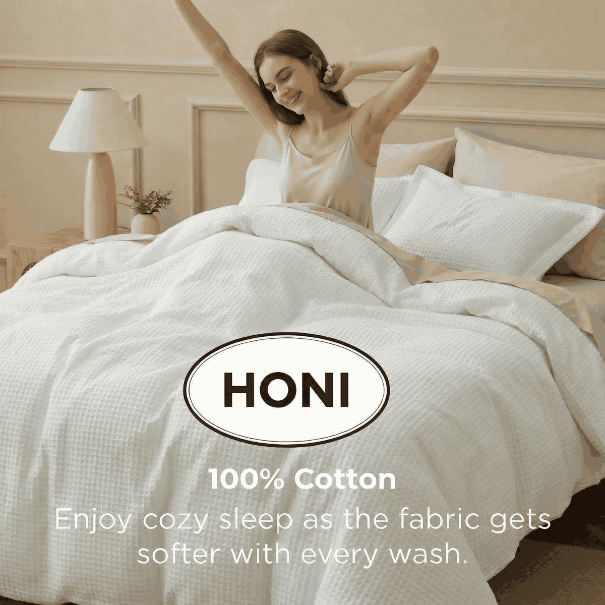 HONI 260gsm 100% Cotton Waffle Weave Duvet Cover Set (3-4 Pieces) – Easy Care, Machine Washable & Fade Resistant – Soft & Smooth Wash After Wash