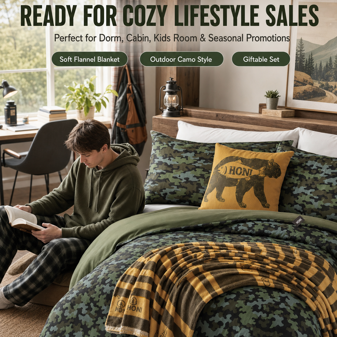 5-Piece Camo Comfort Quilt Set – 95gsm Inkjet & Dyed Quilt + 260gsm Double-Sided Semi-Dull Flannel Blanket + 95gsm Printed Throw Pillows – Retail-Ready Polyester Bedding Set
