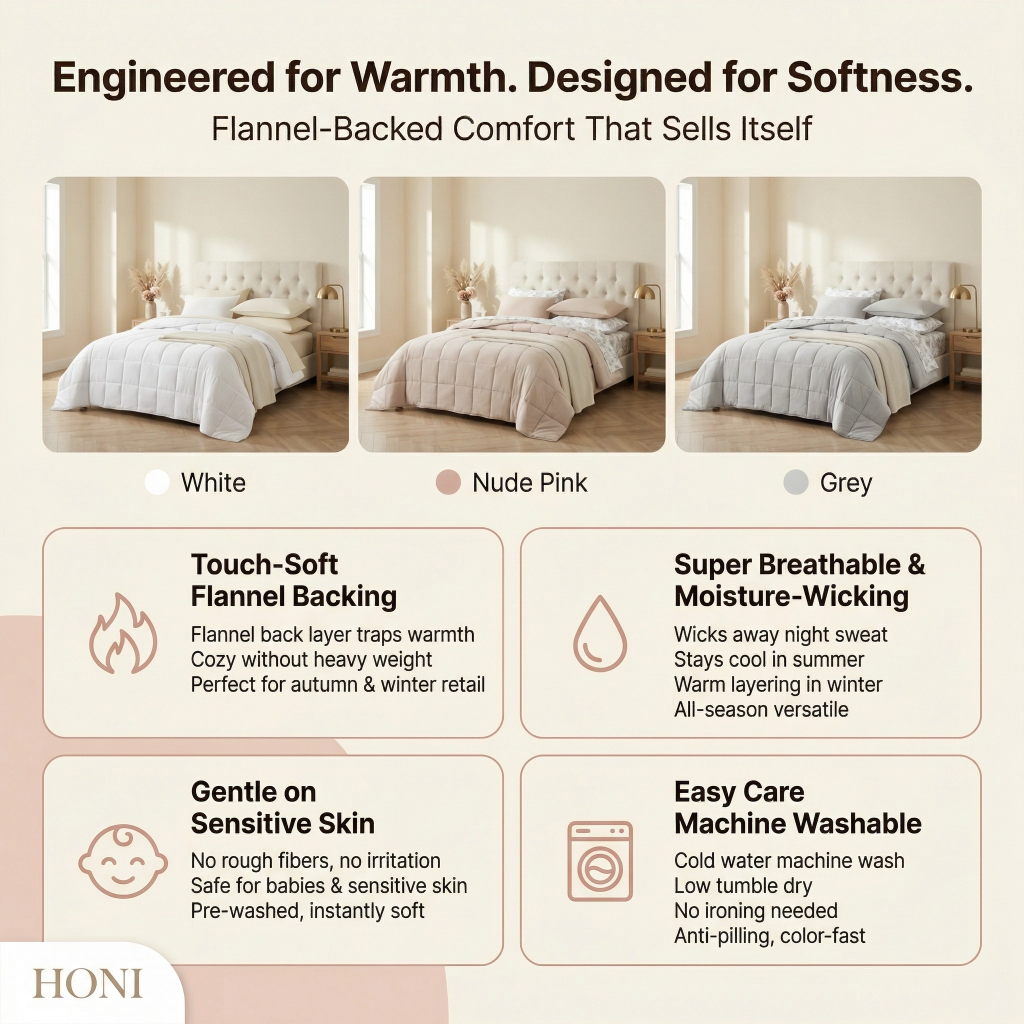 HONI All-Season Brushed Micro-Pile Blanket – 95gsm Washed Dyed Top + 180g Touch-Soft Flannel Backing | Gentle on Sensitive Skin | White / Nude Pink / Grey