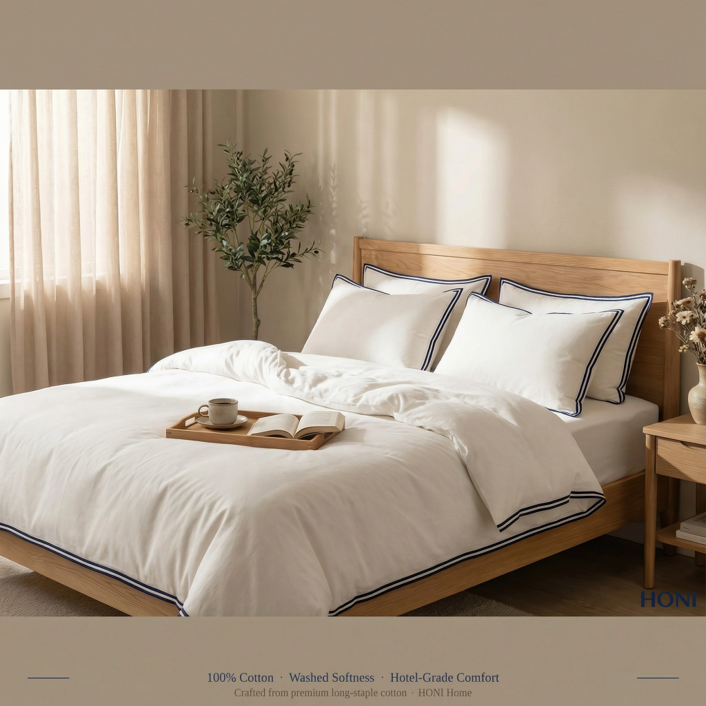 HONI Washed Cotton Duvet Cover Set – 100% Long-Staple Cotton, Dense Stitch Edge, Hotel-Grade Comfort