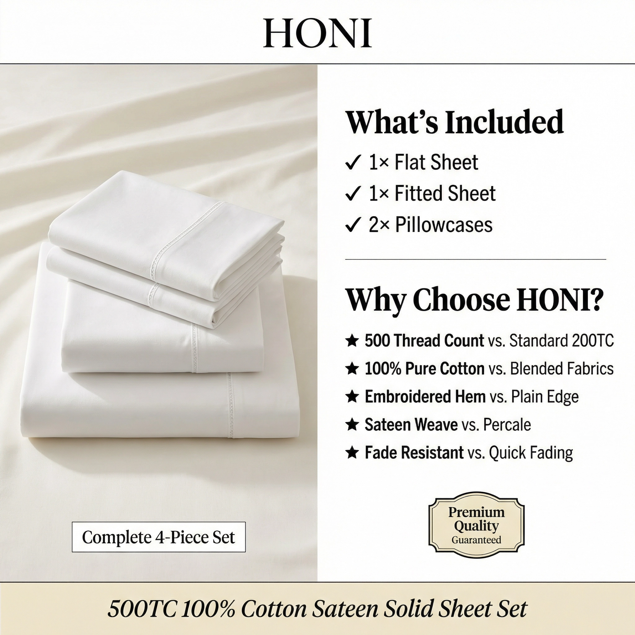 500TC 100% Cotton Sateen Dyed Sheet Set with Embroidered Header