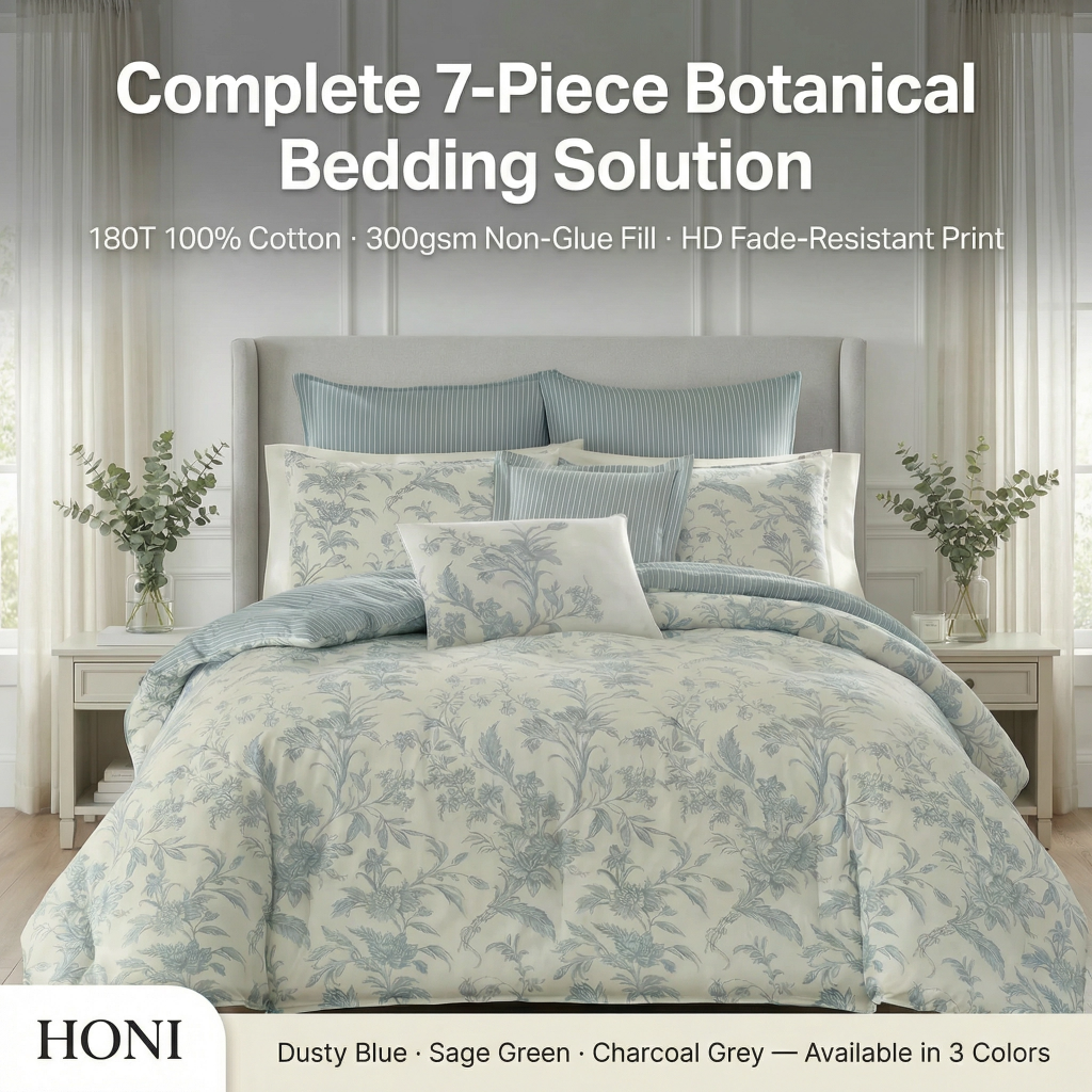 HONI Premium Botanical 7-Piece Bedding Set 180T 100% Cotton | Factory Direct | OEM/ODM Available