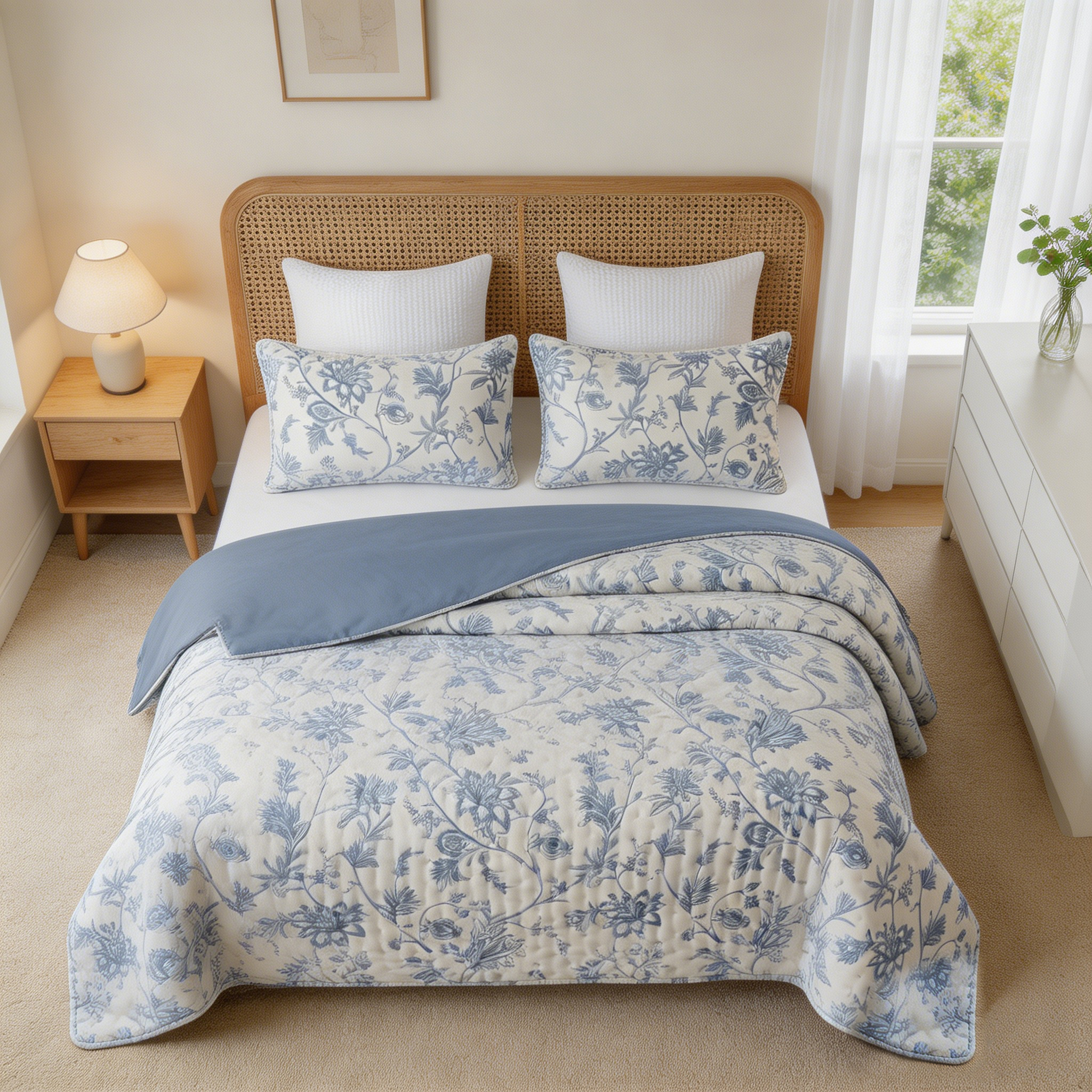 80gsm Lightweight Printed Quilt –Blue Fern Floral &Gray-Blue Reversible Bedspread